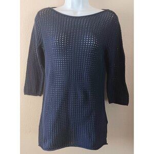 3/10 Jeanne Pierre Crochet Tunic Sweater M Open Knit Cotton Navy Blue Beachy